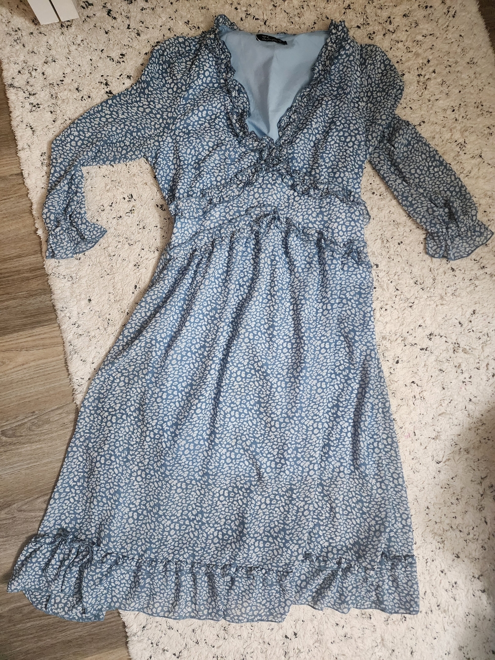 Simple Light Blue Floral Ruffle Midi Dress